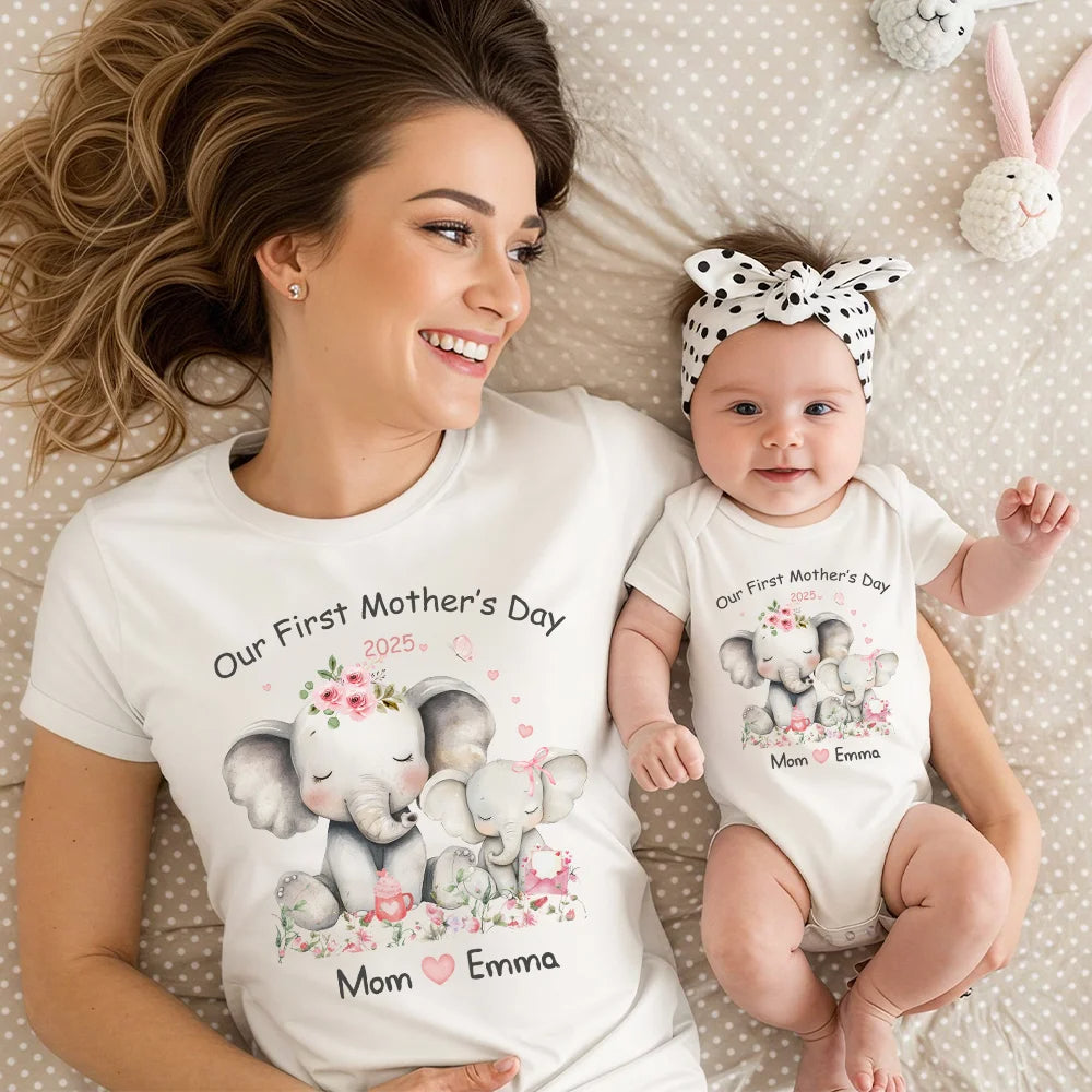Personalised Floral Heart Elephant 100% Cotton Baby Bodysuit T-shirt with Name Our First Mother’s Day Birthday Gift for Baby Mom