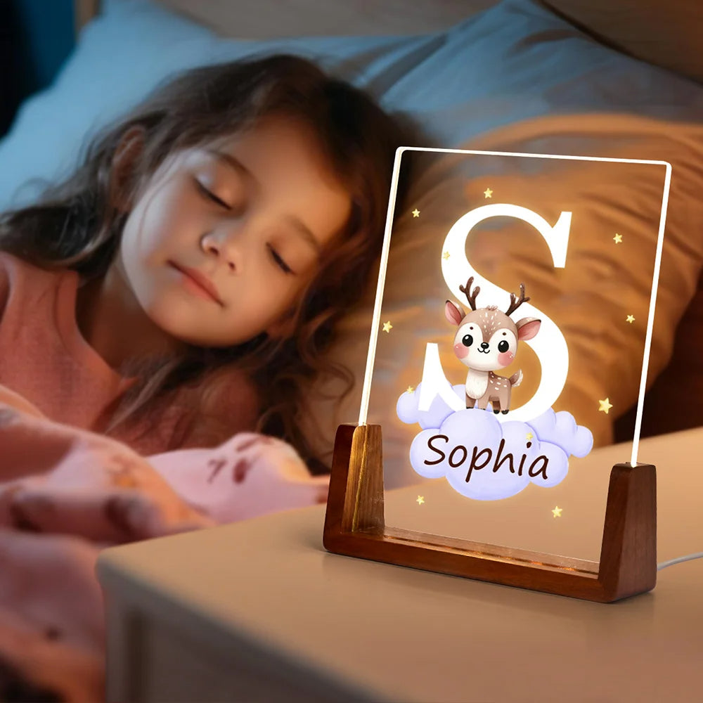 Personalised Cute Forest Animal Acrylic LED Night Light with Cloud, Star, Name and Initial – Wooden Base Birthday or Children's Day Gift for Boys Girls