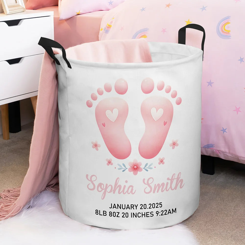 Custom Baby Footprint Laundry Basket - Personalized Name & Birth Details, Waterproof Nursery Storage | Baby Shower Gift for New Parents