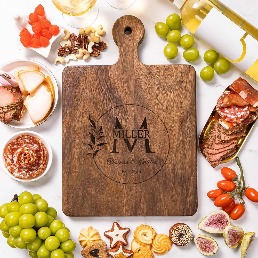 Personalised Reversible Charcuterie Cutting Board with Engraved Initial, Name & Date Wreath – Housewarming Gift with Easy-Grip for Family