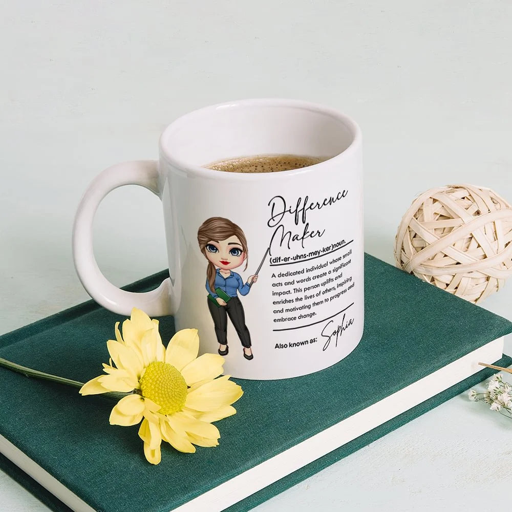 Personalised Difference Maker Cartoon Teaching Character Ceramic Mug (11oz/15oz) with Name Perfect Teacher’s Day or Back-to-School Gift