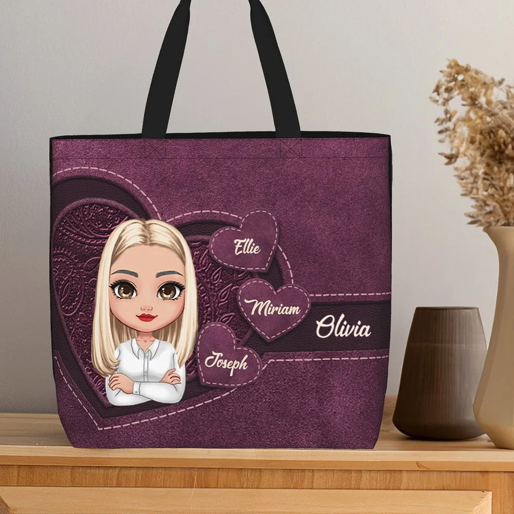 Personalised Retro Heart Style Cartoon Character Tote Bag with 1-8 Names Birthday or Mother's Day Gift for Women