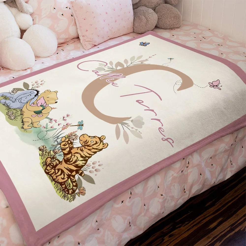 Personalized Soft Throw Blanket with Classic Winnie the Pooh, Name and Initial – Room Decor, Birthday or Baby Shower Gift for Babies and Kids