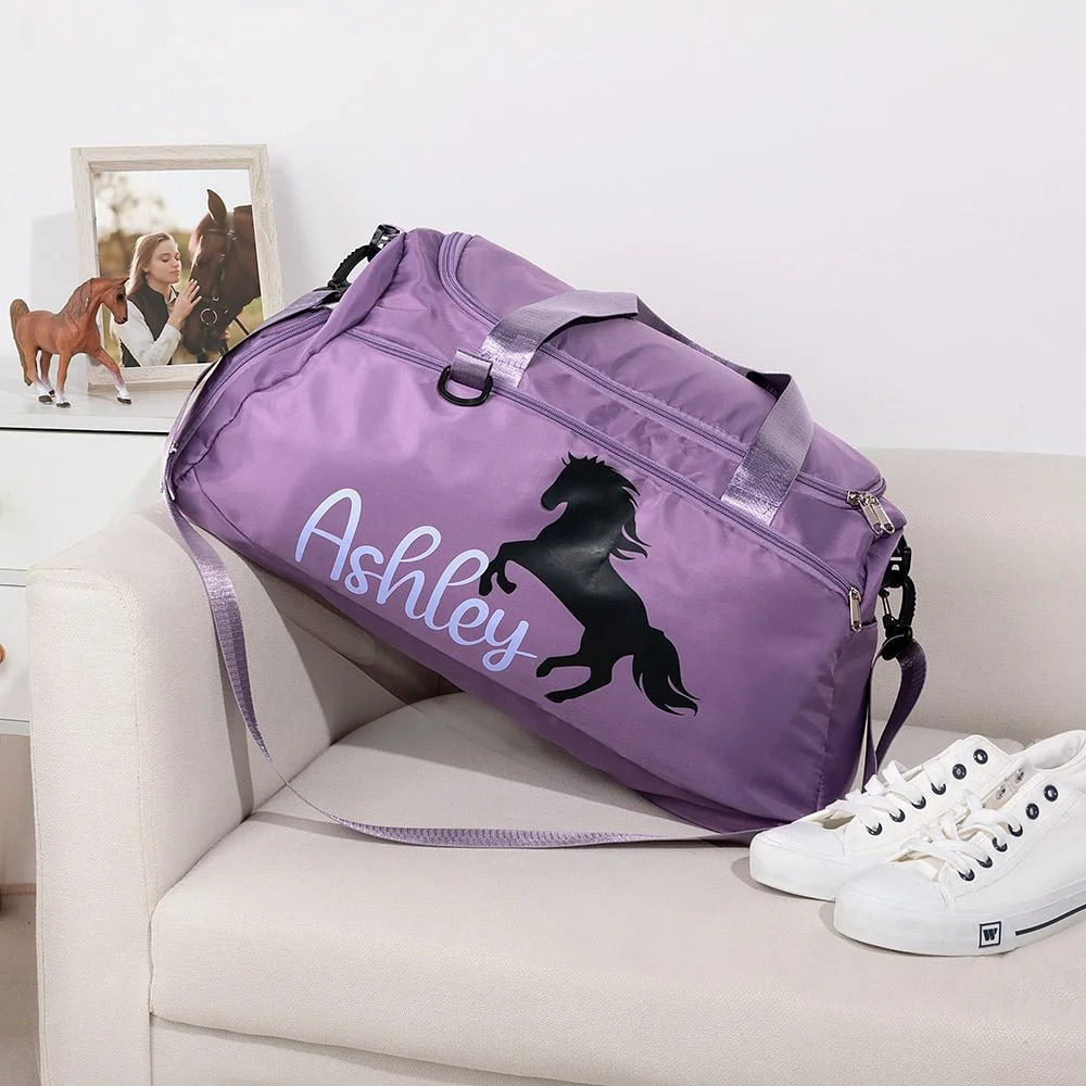 Personalised Equestrian Travel Duffel Bag with Name Waterproof Sports Carryall for Horse Riders Ideal Gift for Horseback Enthusiasts