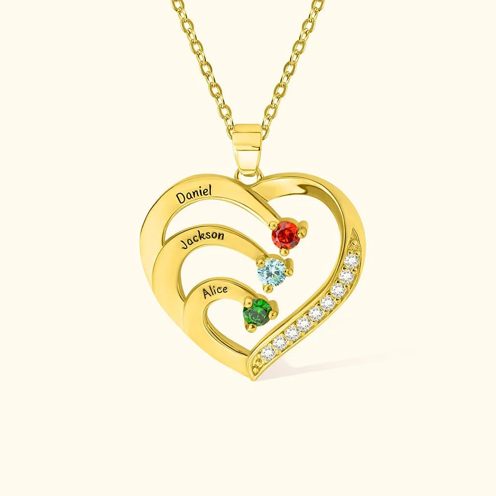 Personalized Family Heart Pendant Necklace with 2-6 Engraved Names and Birthstones Mother's Day Birthday Gift for Mom Grandma