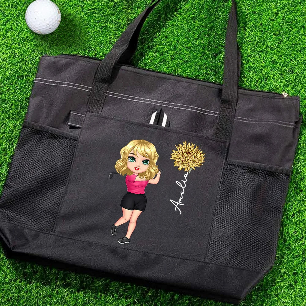 Personalised Golf Lover Waterproof Tote with Cartoon Character Name and Birth Flower Large Travel Bag Birthday Gift for Golf Fans and Lovers