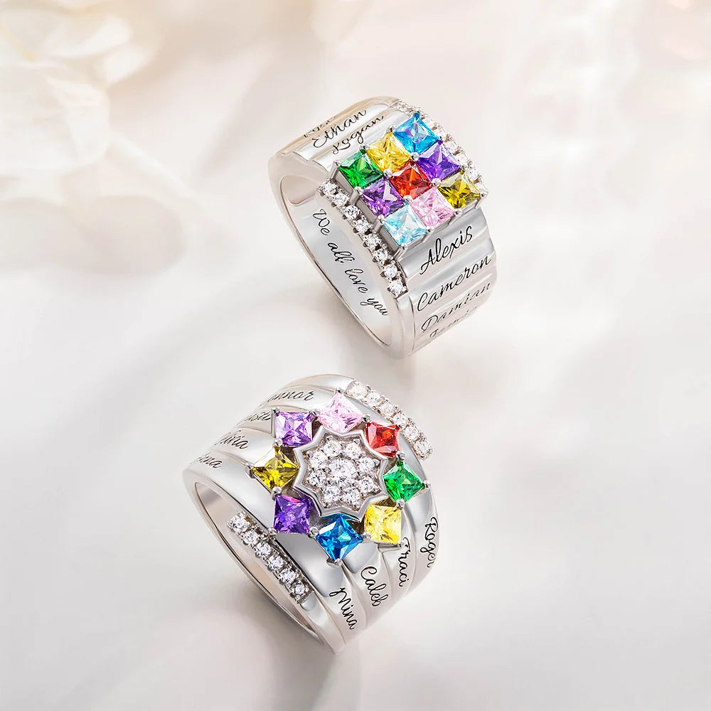 Personalized 1- 9 Square Birthstone Ring with Engraved Name Family Couple Sterling Silver Jewelry Birthday Valentine's Day Gift for Her