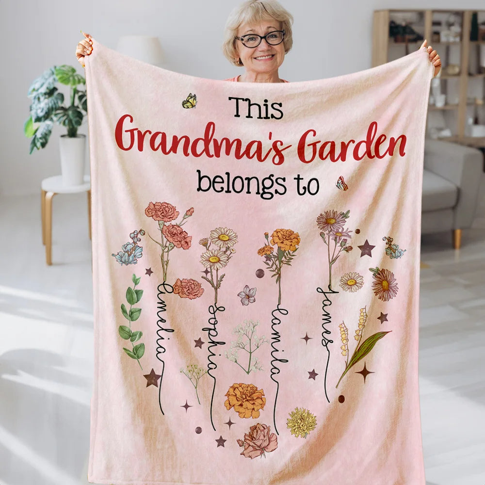 Personalized Birth Flower Blanket – Custom Family Throw with 1-12 Names – Heart Garden Design, Multicolor – Unique Gift for Mum, Grandma, Mother’s Day or Birthday
