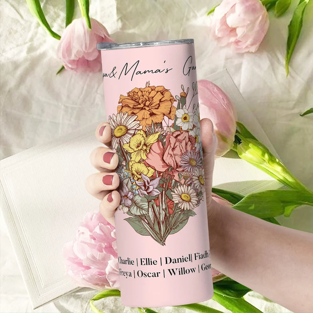Personalised 20oz Stainless Steel Skinny Tumbler with Custom Birth Flower Bouquet Names and Title Thoughtful Gift for Mom or Grandma