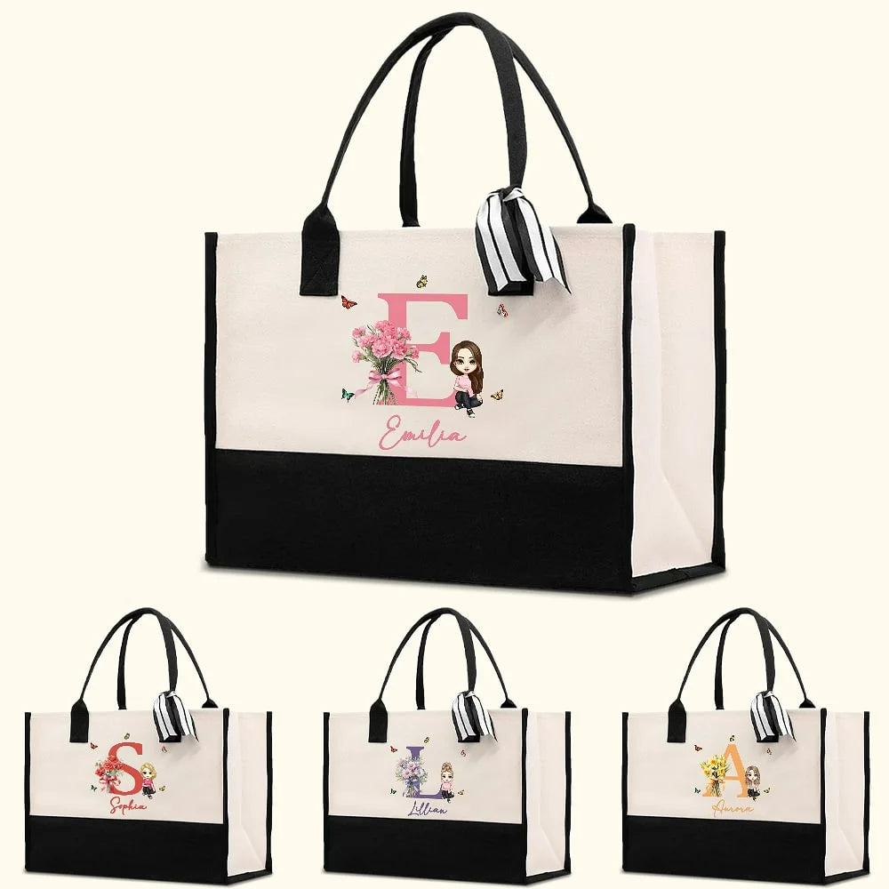 Personalised Birth Flower Bouquet Cartoon Canvas Tote with Name and Initial Reusable Bag Birthday Anniversary Gift for Girls Women