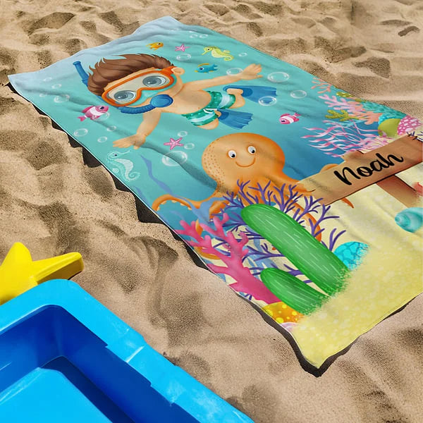 Personalized Microfiber Sea Turtle Coral Diving Kid Soft Quick Dry Beach Towel with Name Beach Essentials Gift for Girls Boys