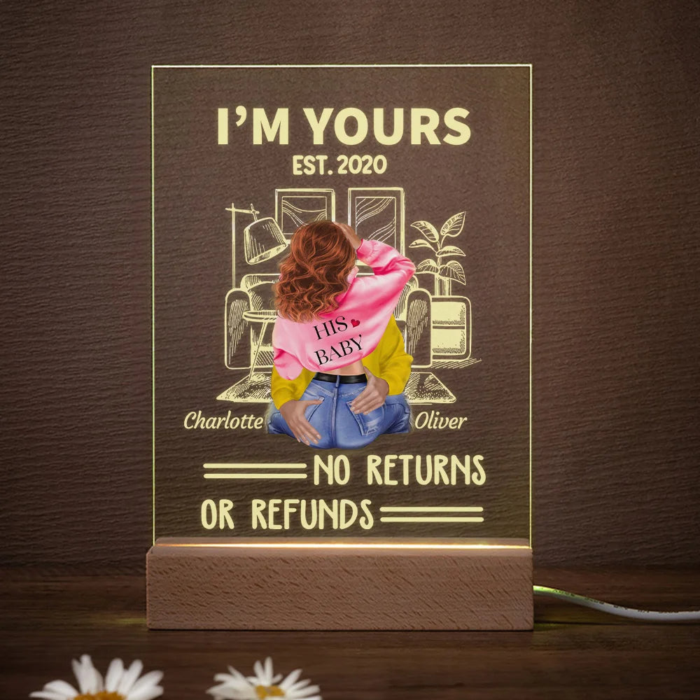 Personalised "I Am Yours No Returns or Refunds" LED Night Light with Wooden Base – Romantic Valentine's Day Gift for Couples