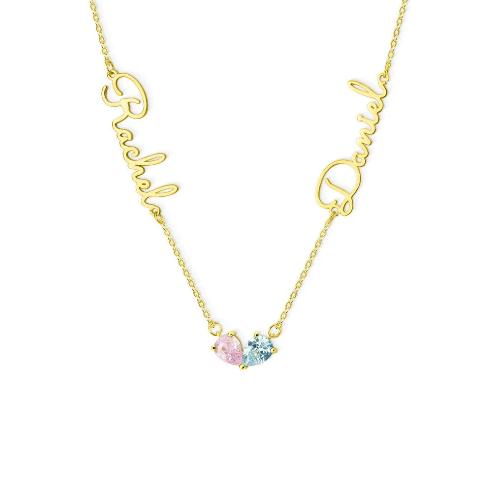 Personalised Dainty Double Heart-Shaped Birthstone Necklace with Names Birthday Anniversary Valentine's Day Gift for Women Sisters