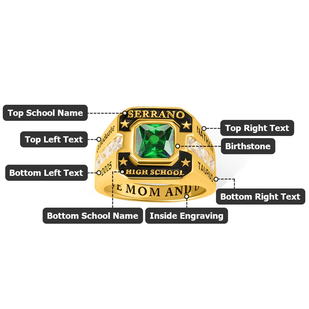 Personalized High School College Class Ring with Birthstone and Engraved Text Graduation Anniversary Gift for Graduates