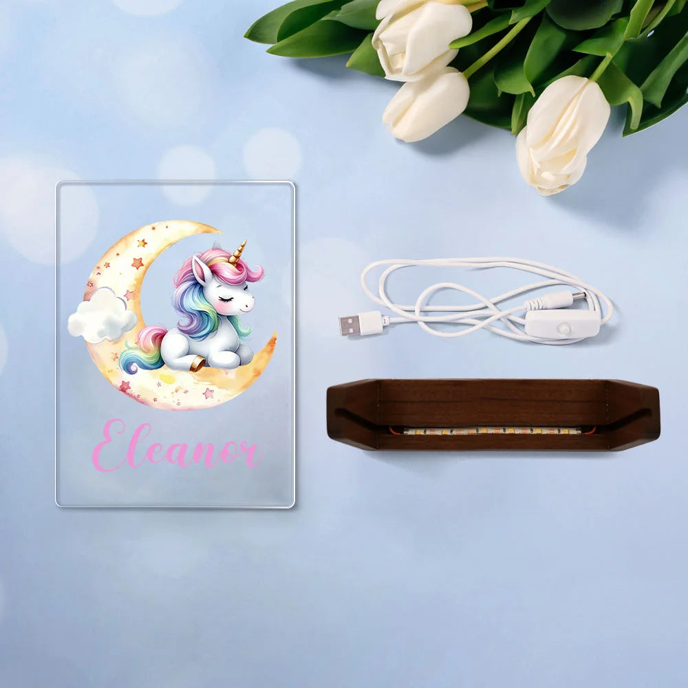 Personalised Magical Unicorn and Moon LED Night Light with Name – Cute Fantasy Design Wooden Base Nursery Decor Birthday or Baby Shower Gift for Kids