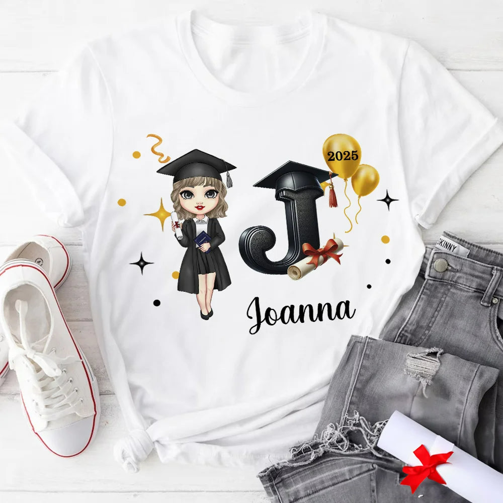 Personalised Cartoon Graduate Crewneck T-shirt Sweatshirt with Bachelor Hat, Initial, Name, and Year – Graduation Keepsake Gift for Men and Women