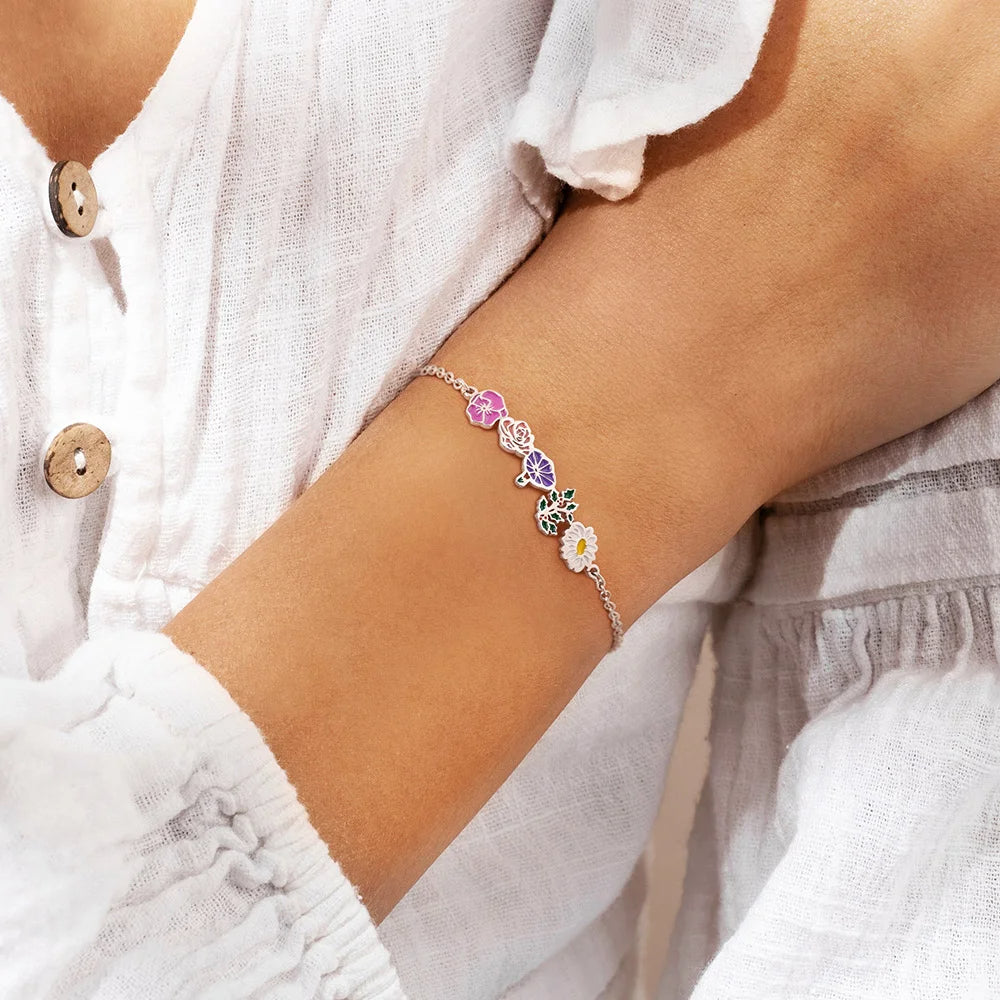 Personalized Adjustable 1-8 Enamel Birth Flowers Bracelet Dainty Jewelry Birthday Mother's Day Gift for Mom Grandma