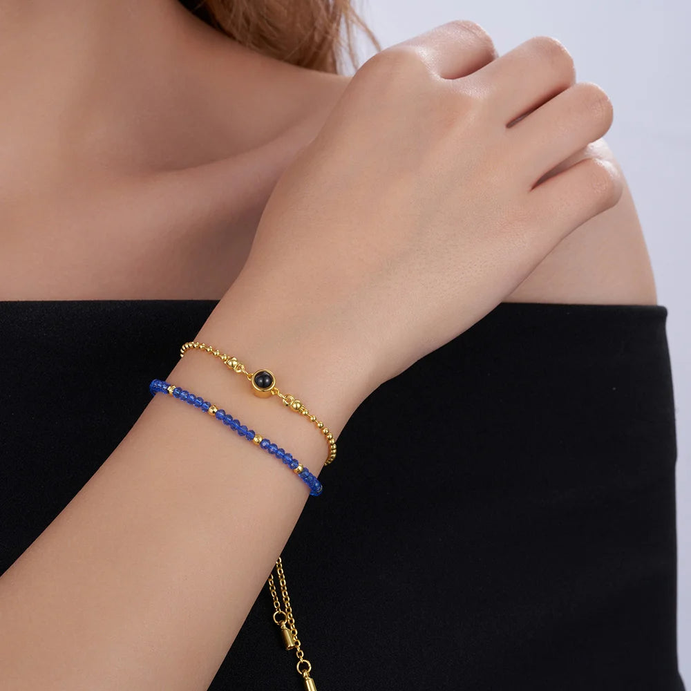 Personalized Photo Projection Adjustable Double Chain Bead Bracelet with 100 Languages Dainty Jewelry Anniversary Birthday Gift for Women