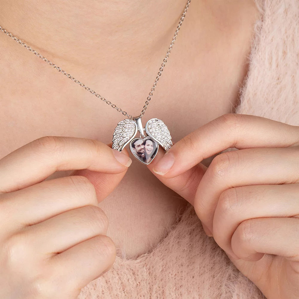 Personalized Cubic Zircon Heart Shape Angel Wing Photo Locket Necklace Anniversary Birthday Gift for Women