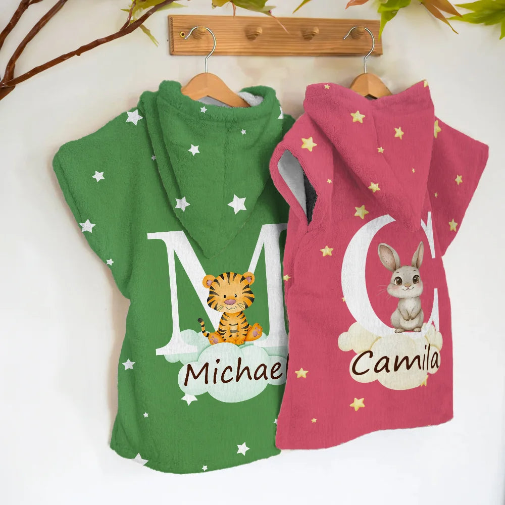 Personalized Oversized Hooded Beach Towel with Forest Animals, Name and Initial – Super Absorbent Travel Summer Vacation Birthday Gift for Kids