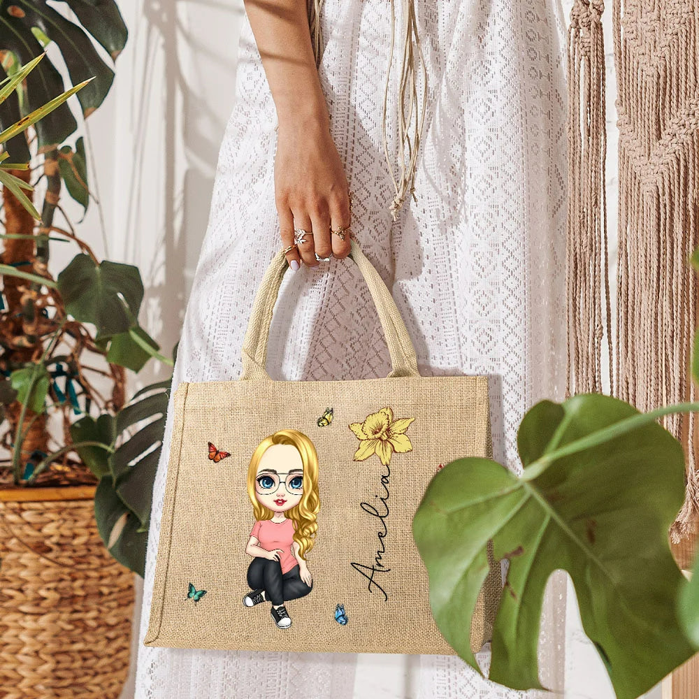 Personalised Jute Tote Bag with Name Cute Cartoon Girl Birth Flower Wedding Birthday Mother’s Day Gift for Women and Girls