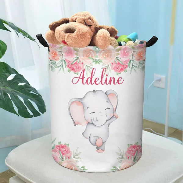 Personalized Floral Elephant Waterproof Oxford Cloth Toy Storage Laundry Basket with Name Birthday Gift for Children