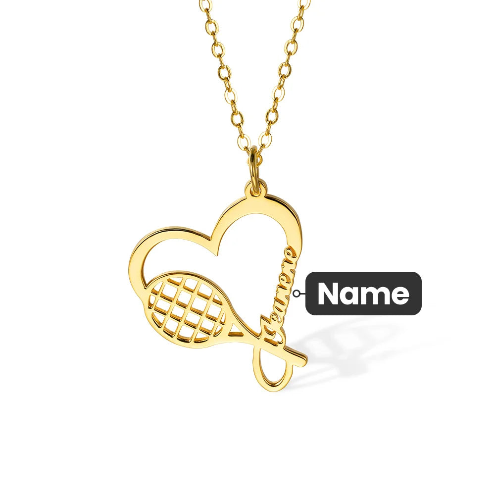 Personalized Heart Shaped Tennis Racket Necklace with Name Birthday Team Gift for Tennis Lover