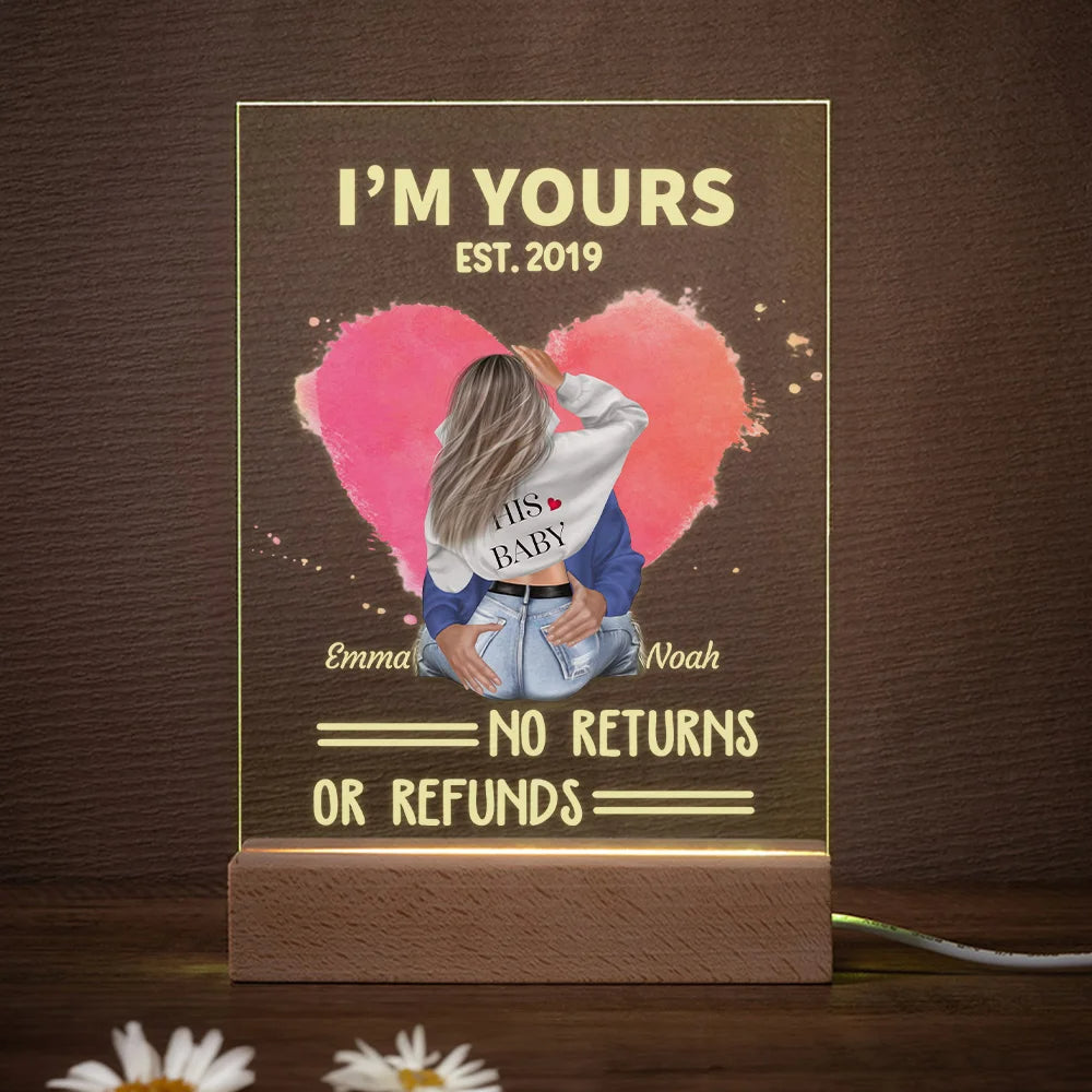 Personalised "I Am Yours No Returns or Refunds" LED Night Light with Wooden Base – Romantic Valentine's Day Gift for Couples