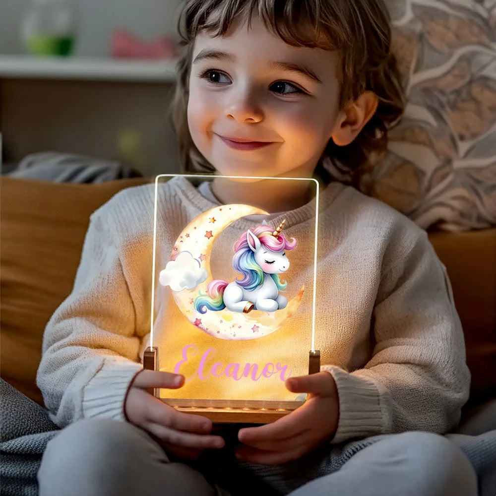 Personalised Magical Unicorn and Moon LED Night Light with Name – Cute Fantasy Design Wooden Base Nursery Decor Birthday or Baby Shower Gift for Kids