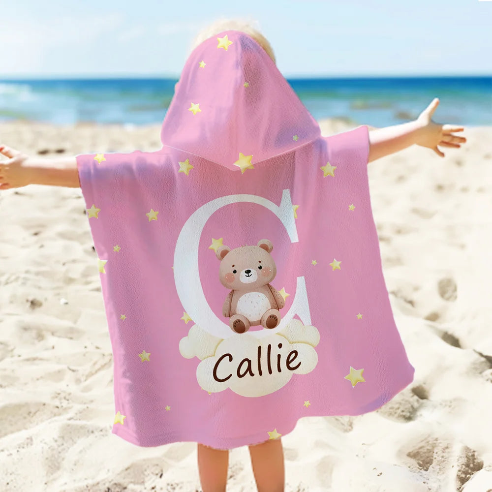 Personalized Oversized Hooded Beach Towel with Forest Animals, Name and Initial – Super Absorbent Travel Summer Vacation Birthday Gift for Kids
