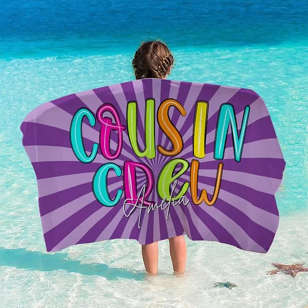 Personalised Retro Cousin Crew Ray Design Beach Towel with Name Oversized Quick-Dry Perfect Birthday or Pool Party Gift for Family