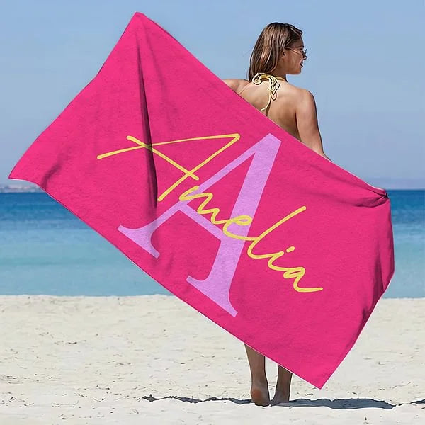 Personalized Multicolor Initial Quick Dry Oversized Beach Towel with Name Summer Travel Essential Birthday Gift for Family Kids