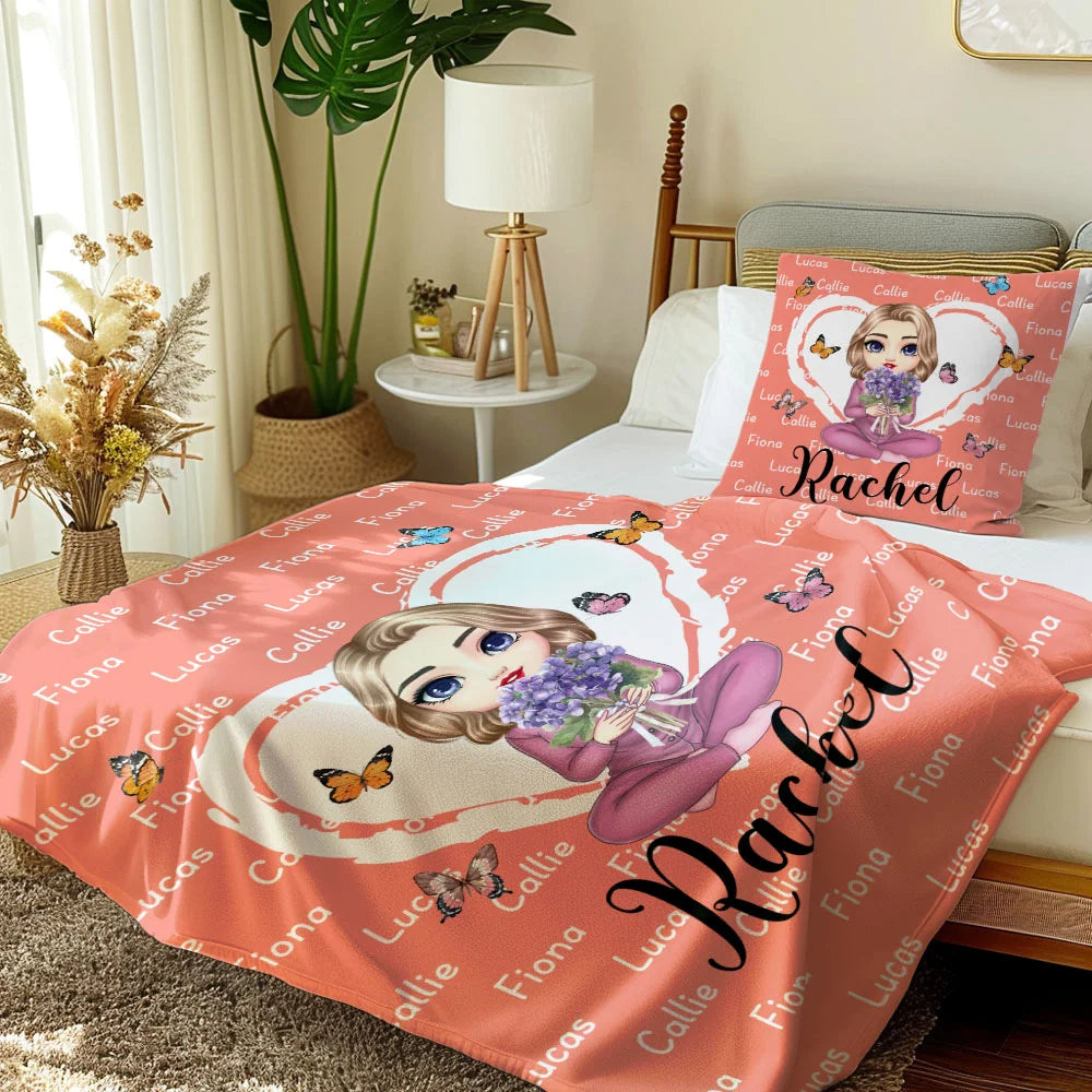 Personalized Multicolor Heart Cartoon Throw Blanket with Mom Grandma Holding Birth Flower Bouquet Name Home Decor Birthday and Christmas Gift for Women