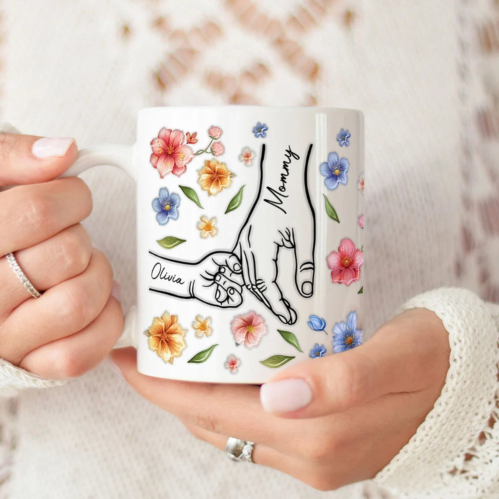 Personalised Watercolor Flower 1-9 Holding Hands Ceramic Mug with Name Heartfelt Mother’s Day or Birthday Gift for Mom and Grandma