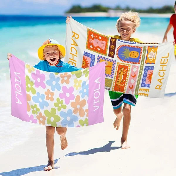 Personalised Quick-Dry Beach Towel with Summer Flowers Coconut Plaid Design – Name Custom Travel Essential Birthday Gift for Kids Family Friends
