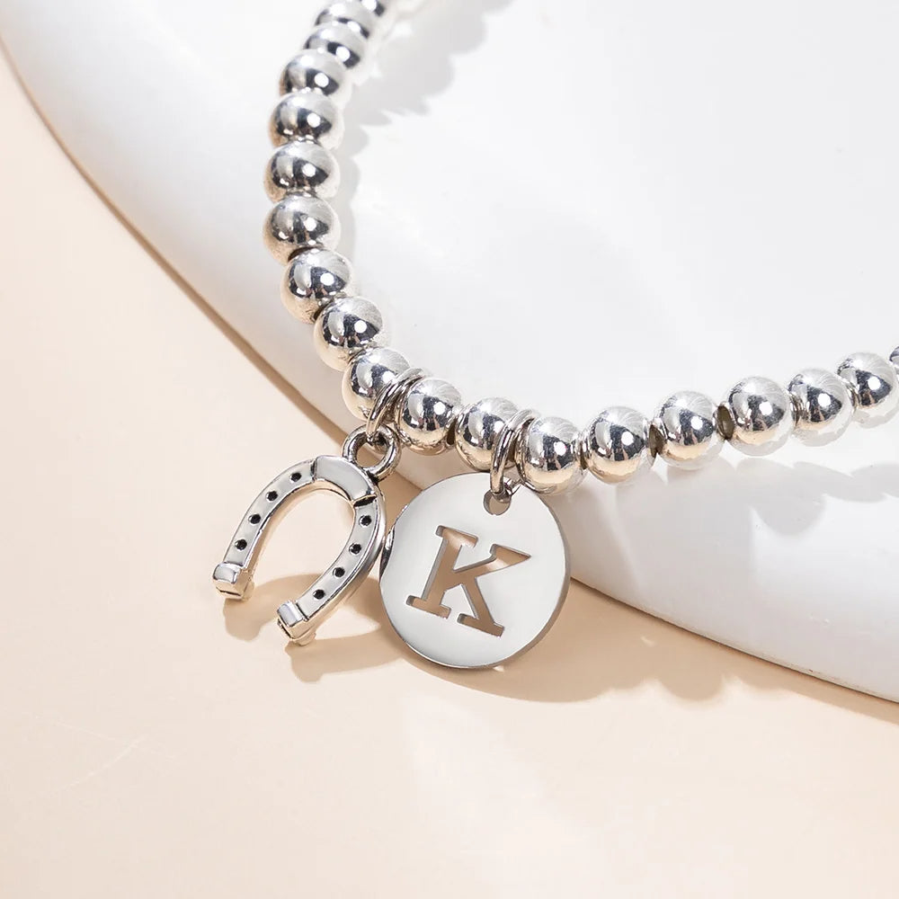 Personalized Lucky Horseshoe Elastic Bead Bracelet Jewelry with Initial Birthday Baptism Anniversary Gift for Kids Adults