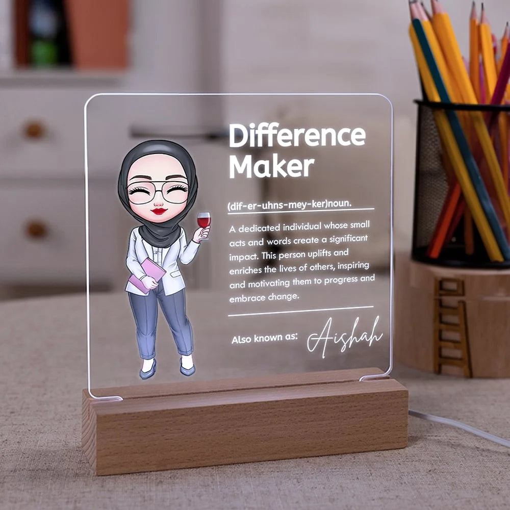 Personalised Cartoon Difference Maker LED Night Light with Name and Wooden Base – Thoughtful Teacher's Day or Birthday Gift for Educators