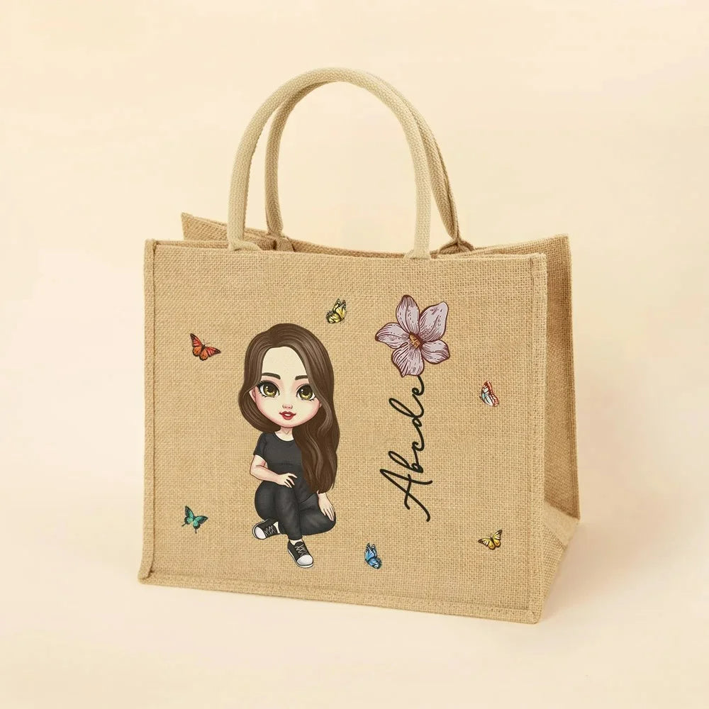 Personalised Jute Tote Bag with Name Cute Cartoon Girl Birth Flower Wedding Birthday Mother’s Day Gift for Women and Girls