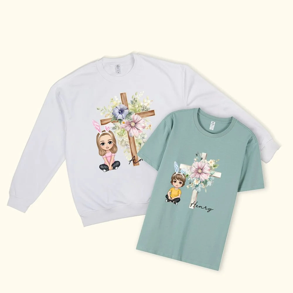 Personalised Bunny Ear Cross Birth Flower Cartoon T-Shirt or Sweatshirt with Name Easter Party Gift for Kids and Family