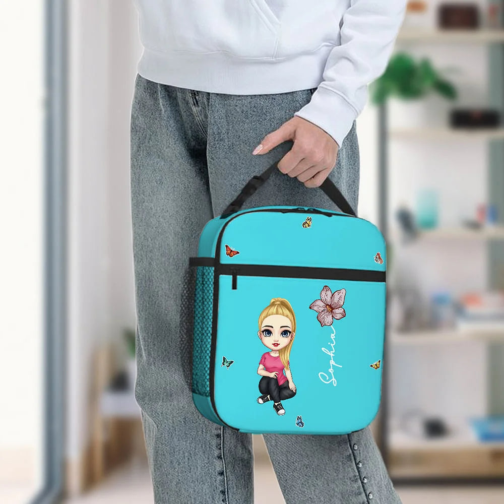 Personalised Waterproof Insulated Lunch Bag with Cartoon Character, Birth Flower & Name – Back to School, Work, or Picnic Gift for Kids and Family