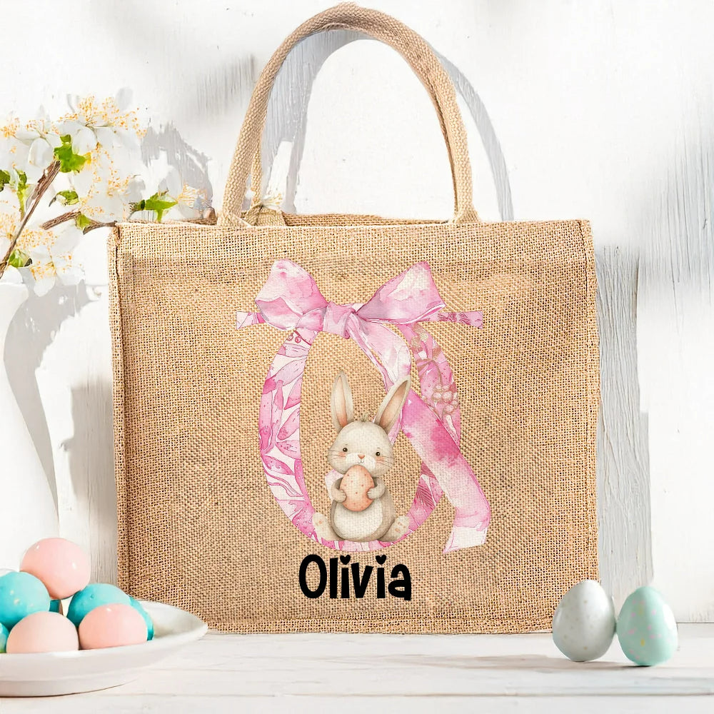 Personalized Easter Bunny & Eggs Tote Bag – Cute Bow Design with Name/Initial – Eco-Friendly Jute Shopper – Easter Party Gift for Kids, Boys & Girls, Travel Accessories