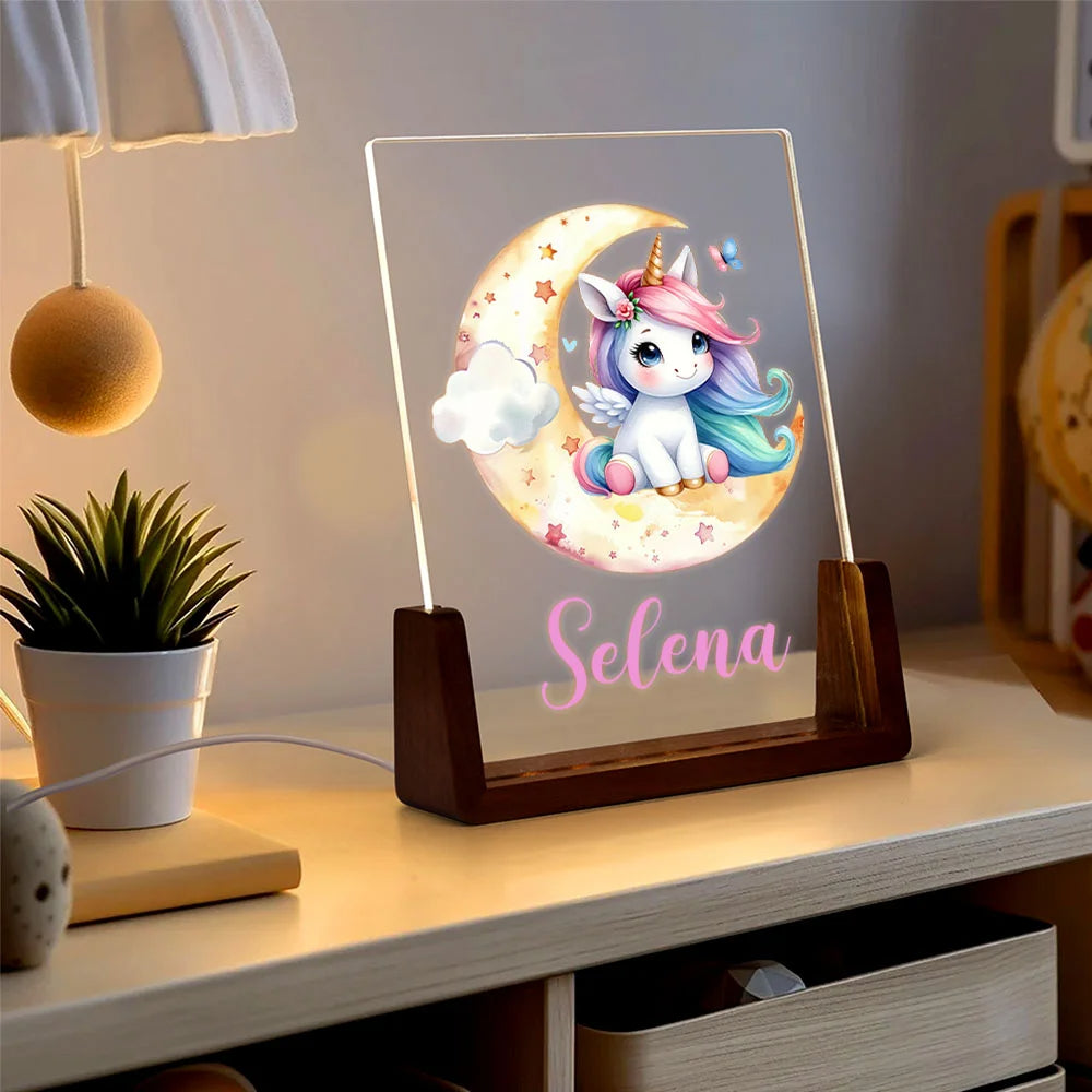 Personalised Magical Unicorn and Moon LED Night Light with Name – Cute Fantasy Design Wooden Base Nursery Decor Birthday or Baby Shower Gift for Kids