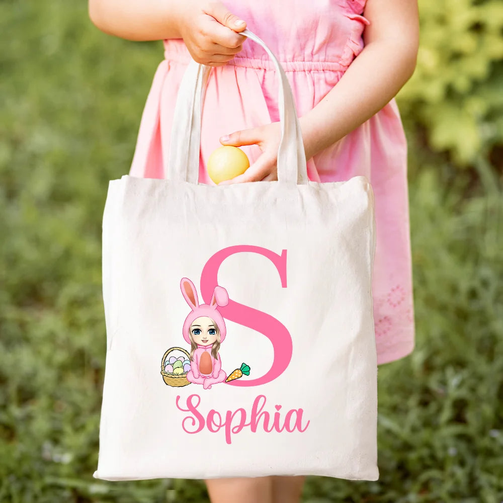 Personalised Canvas Tote Bag with Easter Bunny Cartoon Character, Initial and Name Easter Party Gift for Girls and Boys