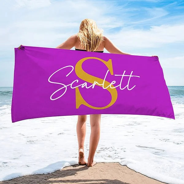 Personalized Multicolor Initial Quick Dry Oversized Beach Towel with Name Summer Travel Essential Birthday Gift for Family Kids