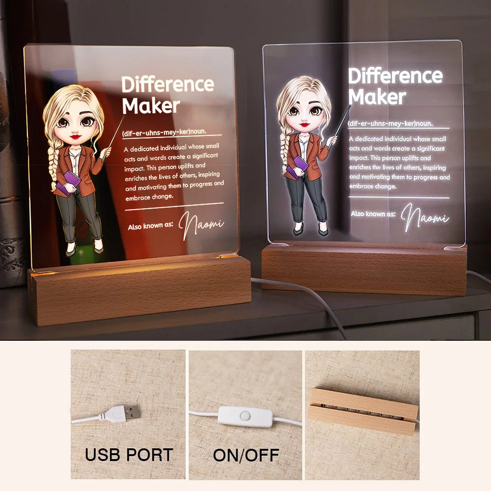 Personalised Cartoon Difference Maker LED Night Light with Name and Wooden Base – Thoughtful Teacher's Day or Birthday Gift for Educators