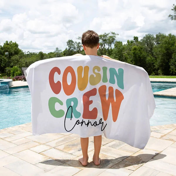 Personalized Colorful Cousin Crew Quick Dry Oversized Beach Towel with Name Summer Travel Essential Gift for Family Kids
