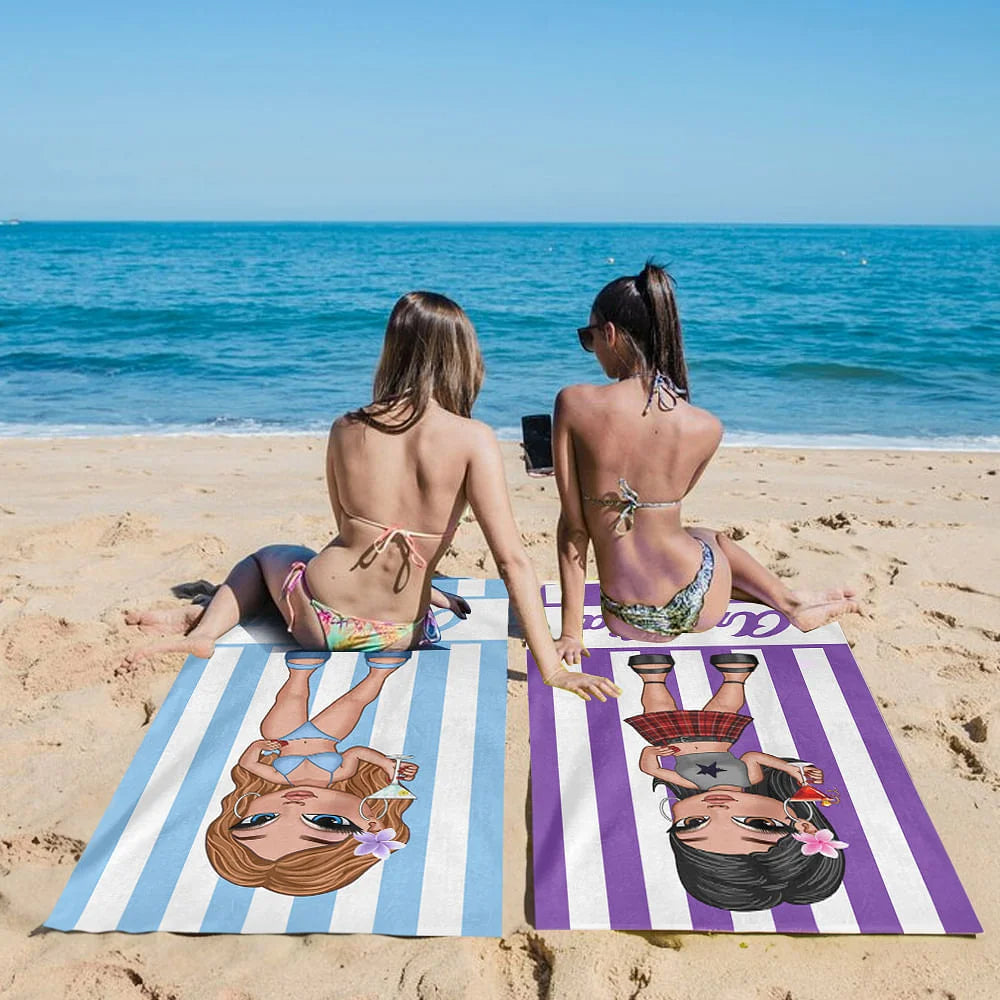 Personalized Beach Towel for Women & Girls – Custom Name & Birthday, Quick-Dry Striped Cartoon Design, Summer Travel Essential, Lightweight Gift for Her