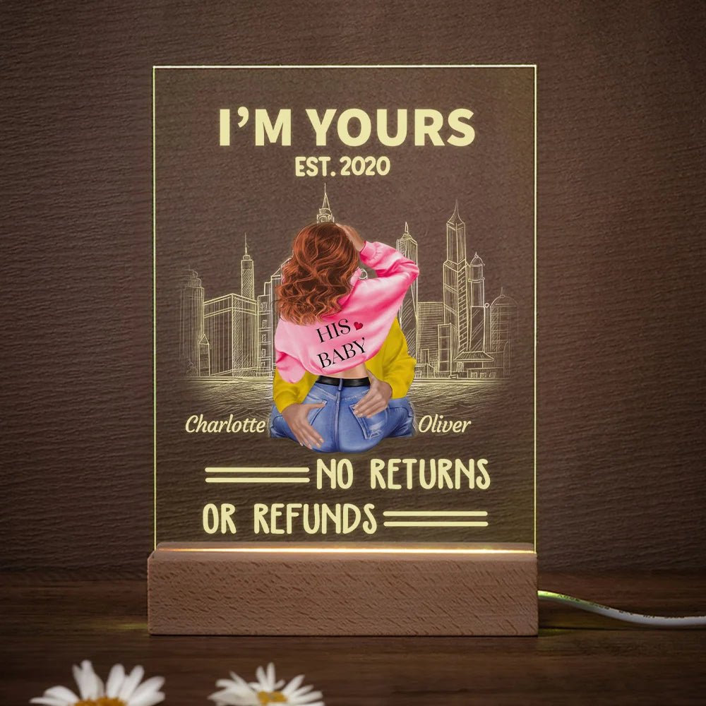 Personalised "I Am Yours No Returns or Refunds" LED Night Light with Wooden Base – Romantic Valentine's Day Gift for Couples