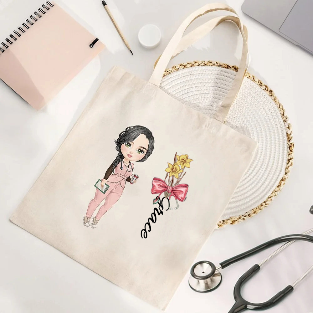 Personalised Canvas Tote Bag with Birth Flower Bow Stethoscope Cartoon Character and Name Birthday Appreciation Gift for Nurse Doctor Medical Staff