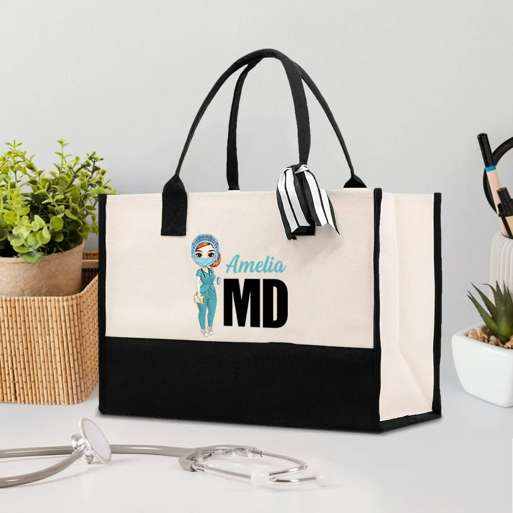 Personalised Waterproof Tote Bag with Name Cartoon CharacterTitle Birthday or Appreciation Gift for Nurses Doctors and Medical Professionals